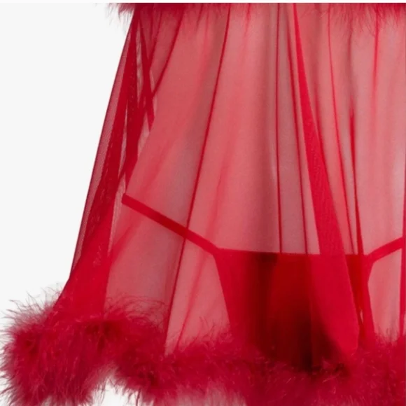 Red Sheer Feather Trim Babydoll - Picture 5 of 8